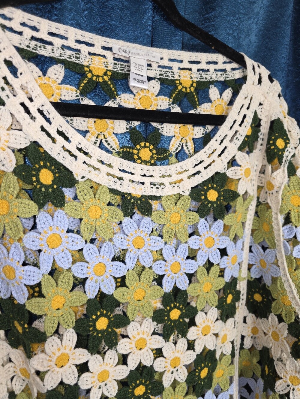 Cato Crochet Daisy Mesh Top in White, Yellow & Green - Picture 2 of 4